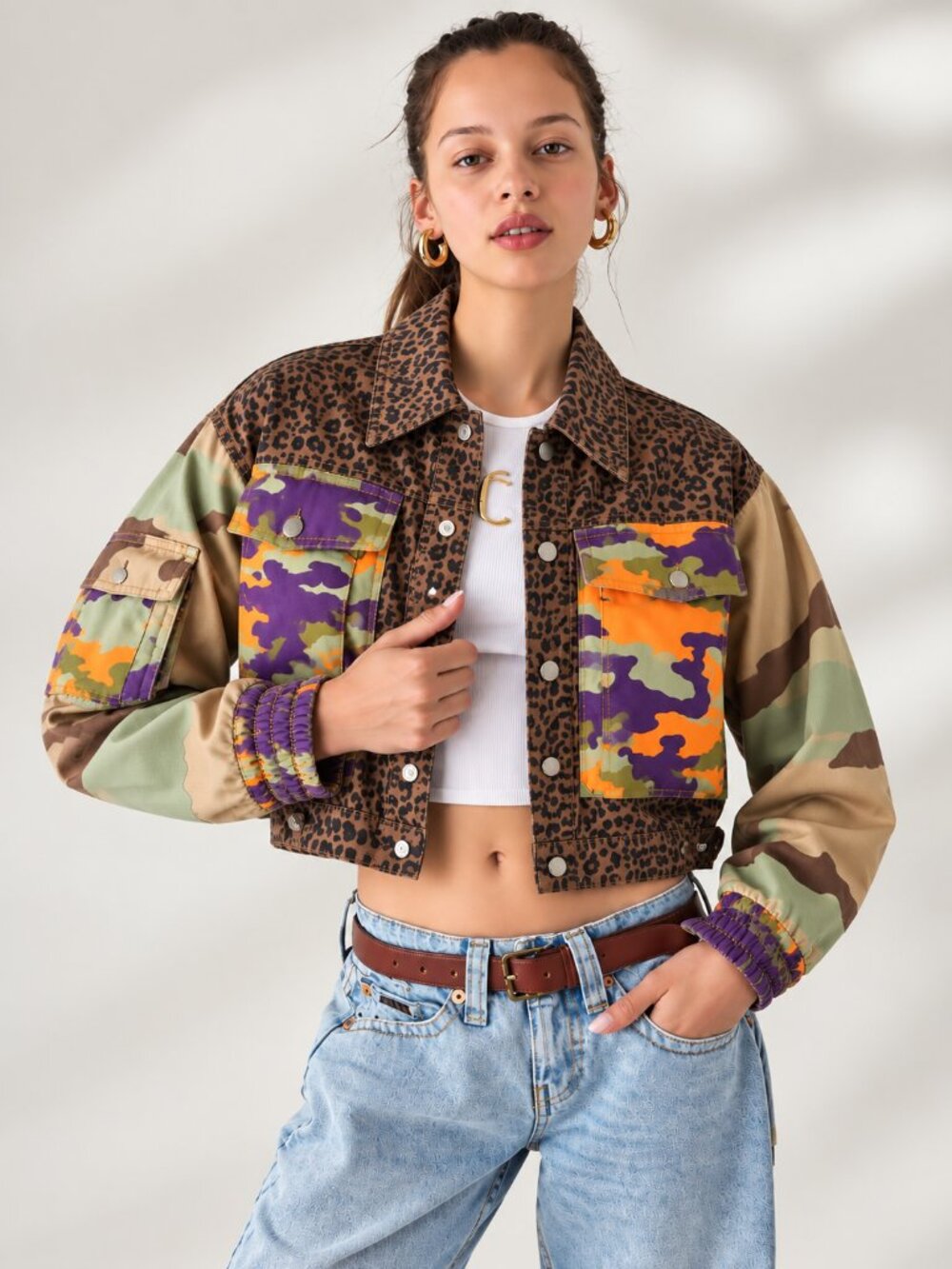 BDG Jenny Cropped Utility Jacket Camo Leopard Print Boxy Cotton XS